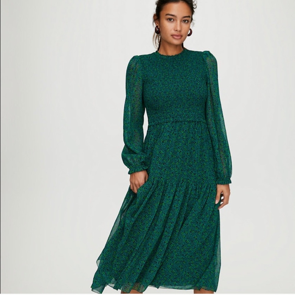 Aritzia Wilfred Rosalyn Green Printed Chiffon Midi Dress